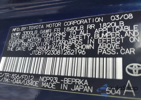 2008 Toyota Yaris from USA, damaged, VIN JTDBT923081262196